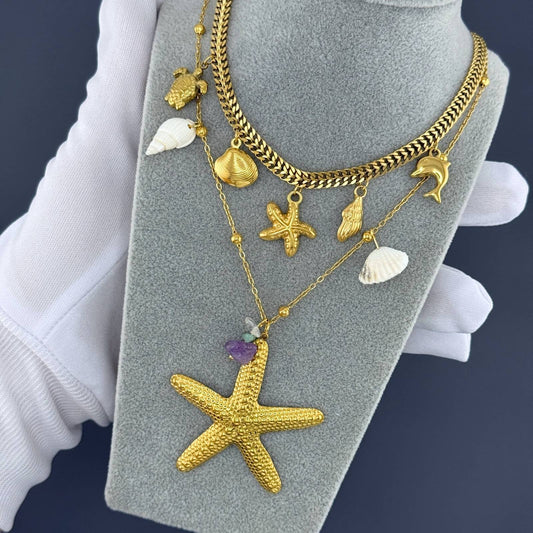 Starfish Necklace, 18K Gold Plated Steel