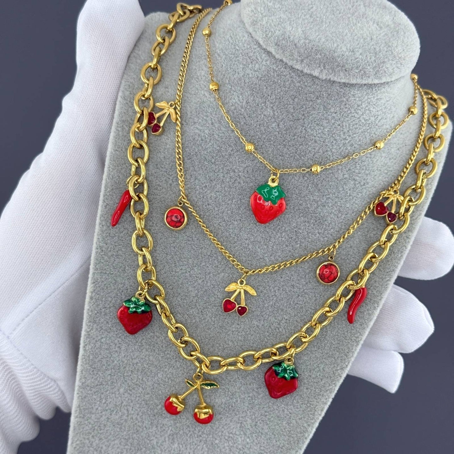 Strawberry Necklace, 18K Gold Plated Steel