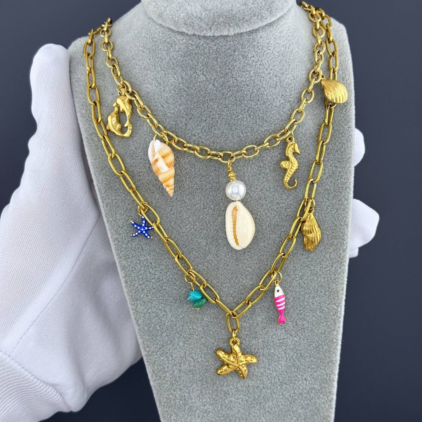 Starfish and Seashell Necklace, 18K Gold Plated Steel