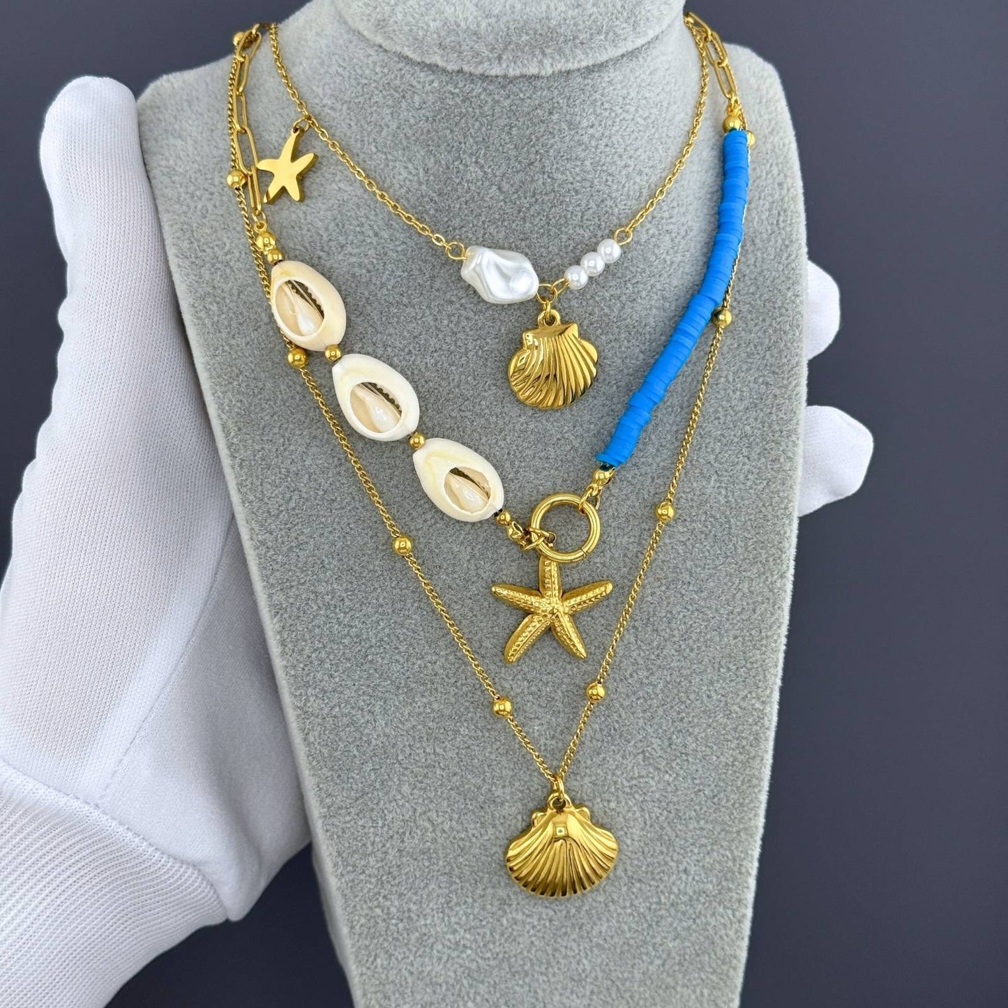 Starfish And Seashell Necklace, 18K Gold Plated Steel