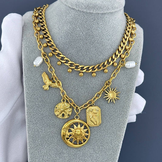 Crescent And Sun Necklace, 18K Gold Plated Steel