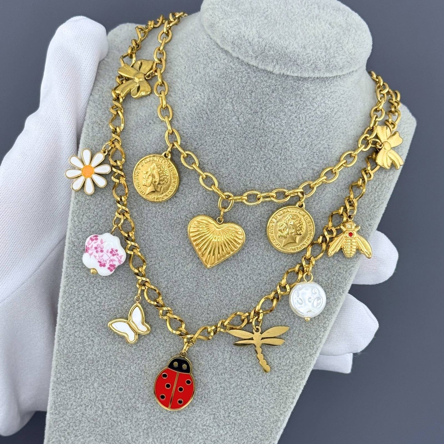 Ladybug Necklace, 18K Gold Plated Steel