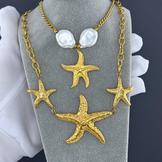 Starfishes Necklace, 18K Gold Plated Steel