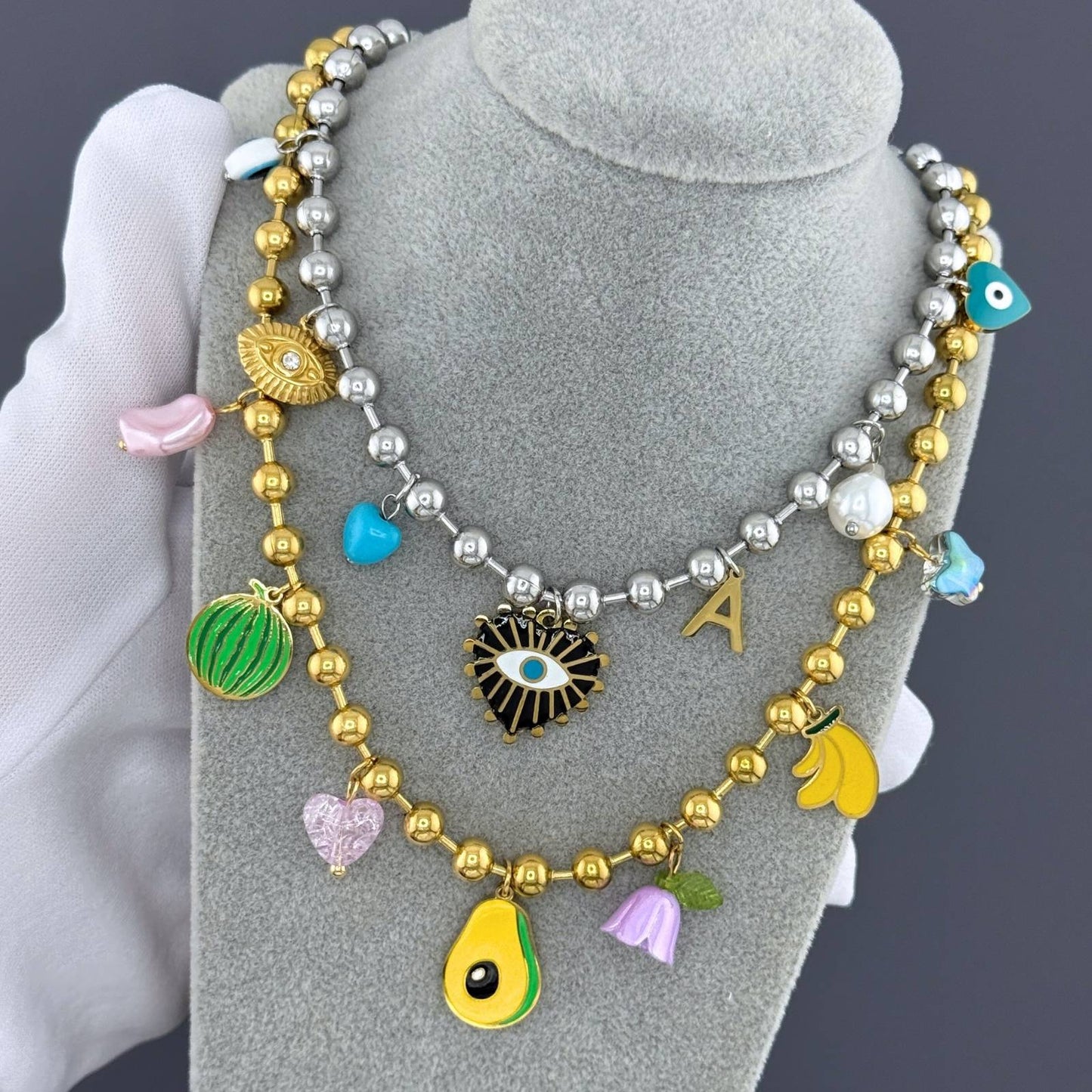 Evil Eyes Necklace, 18K Gold Plated Steel