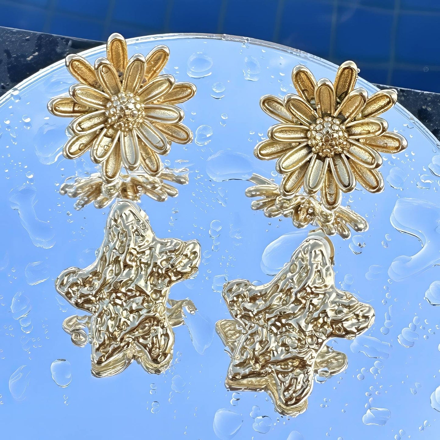 Flowers Earrings, 18K Gold Plated Steel