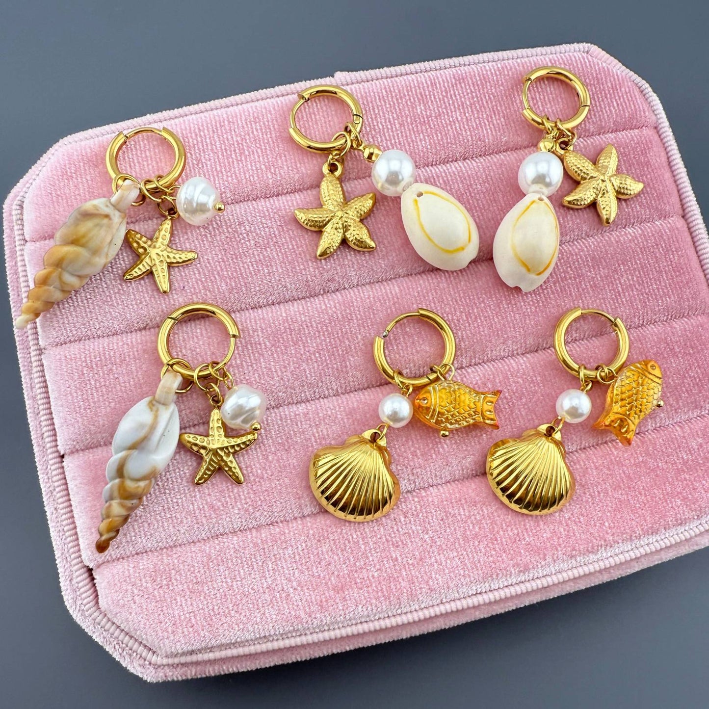 Starfish And Seashell Earrings, 18K Gold Plated Steel