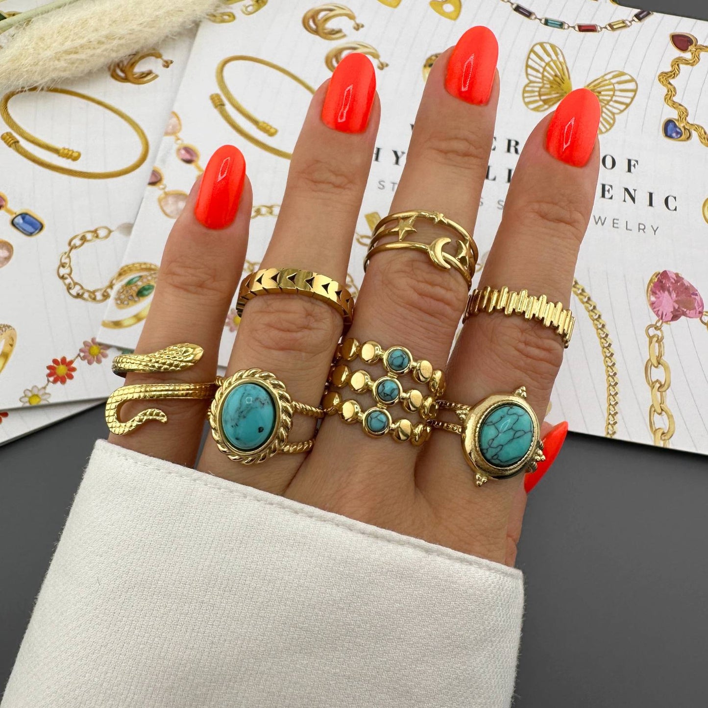 Crescent and Star Ring, 18K Gold Plated Steel