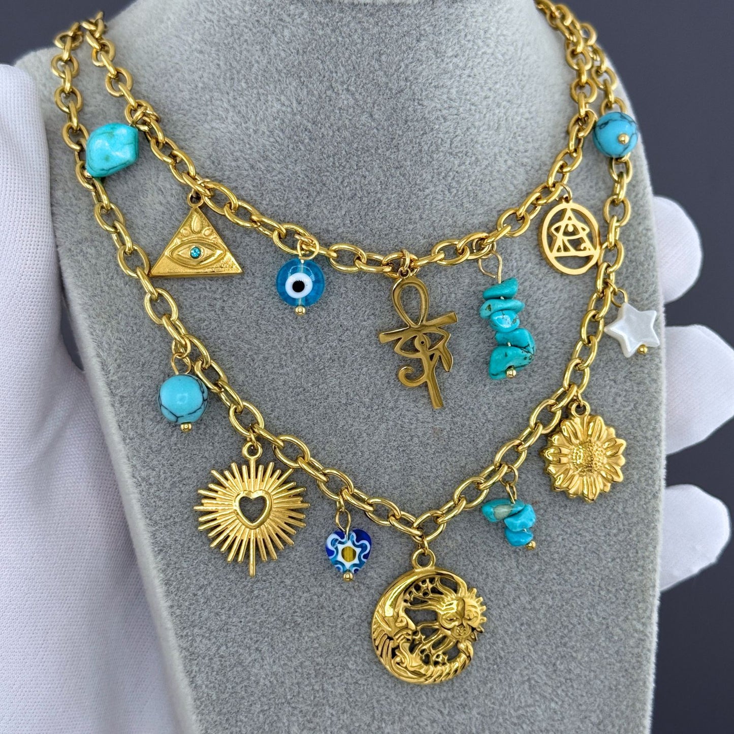 Evil Eyes Necklace, 18K Gold Plated Steel