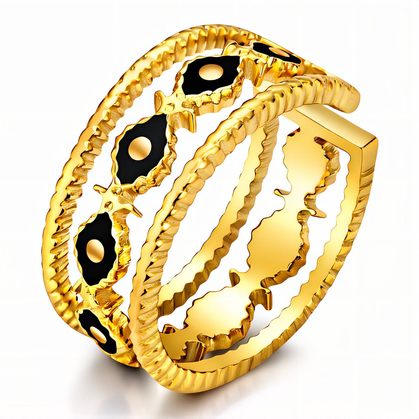Evil Eyes Ring, 18K Gold Plated Steel