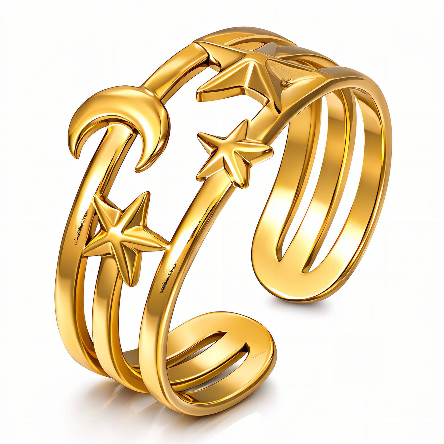 Crescent And Star Ring, 18K Gold Plated Steel