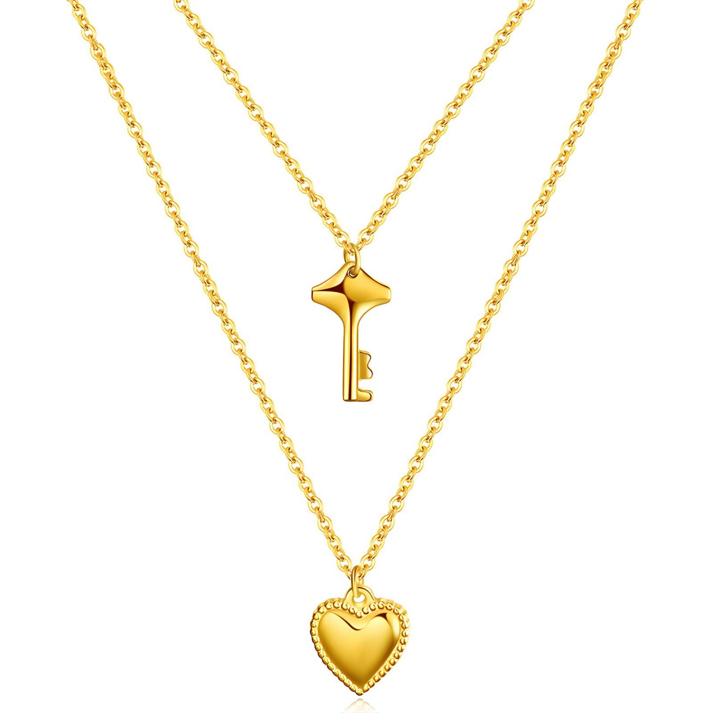 Heart and Key Necklace, 18K Gold Plated Steel