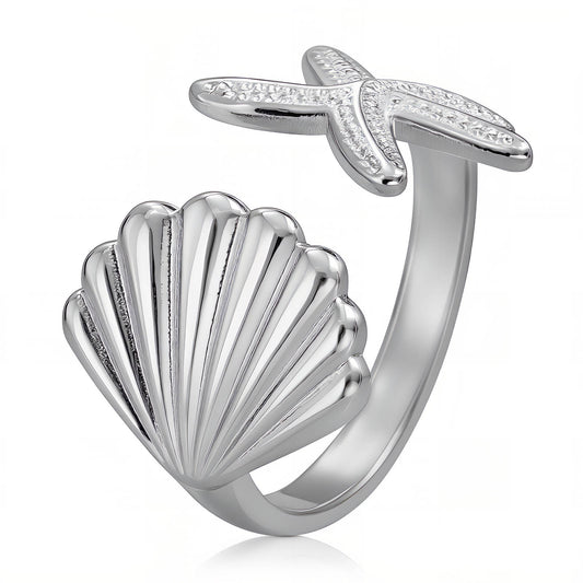 Starfish And Seashell Ring, Stainless Steel
