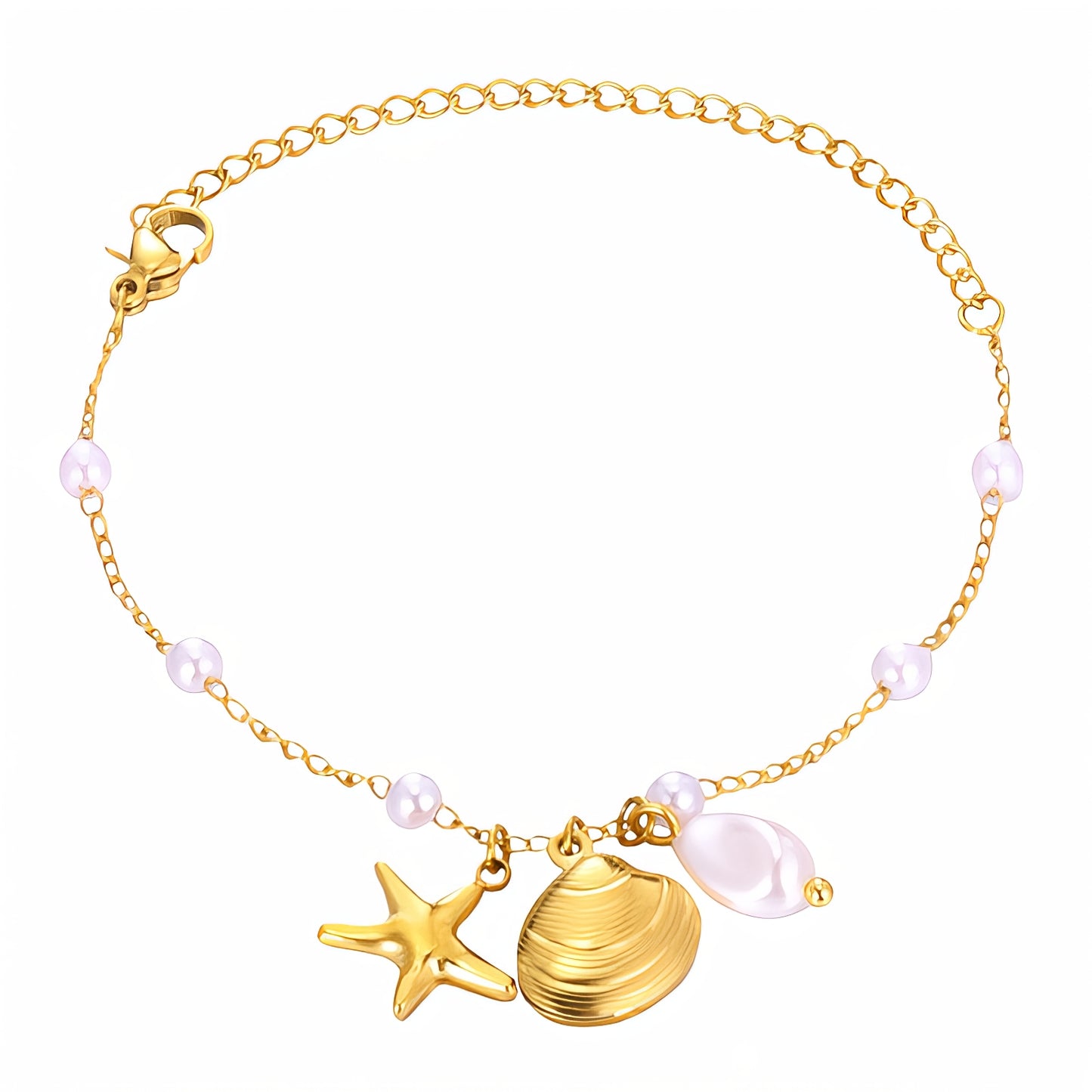 Starfish and Seashell Bracelet, 18K Gold Plated Steel