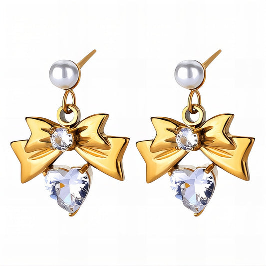 Hearts and bows Earrings, 18K Gold Plated Steel