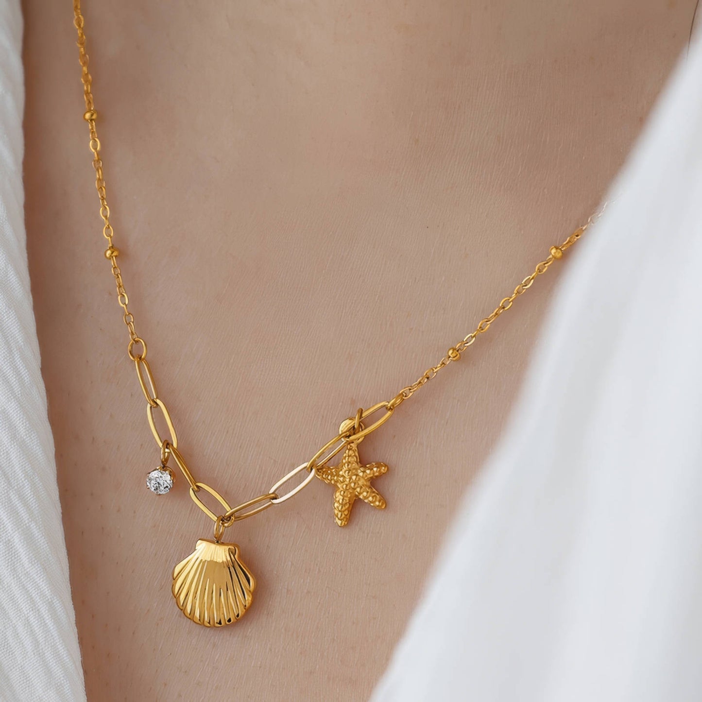 Starfish and Seashell Necklace, 18K Gold Plated Steel