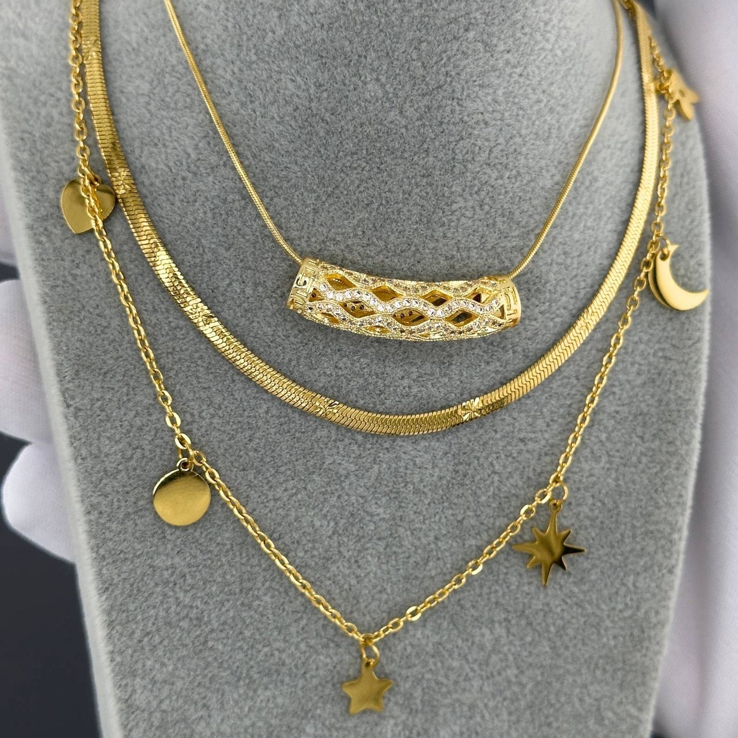 Crescent And Star Necklace, 18K Gold Plated Steel