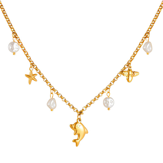 Dolphin Necklace, 18K Gold Plated Steel