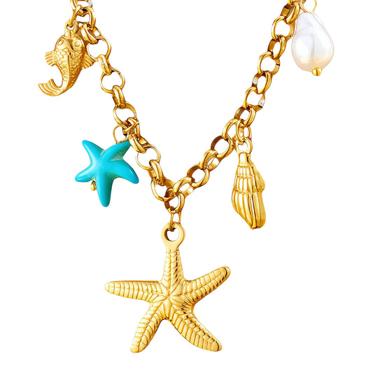 Starfishes Necklace, 18K Gold Plated Steel