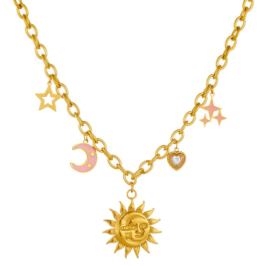 Crescent And Sun Necklace, 18K Gold Plated Steel