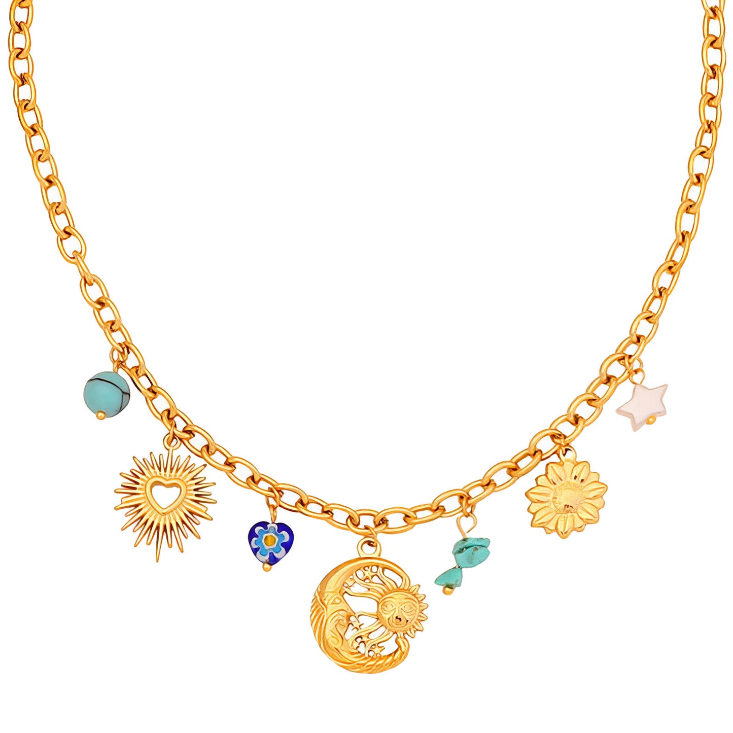 Crescent And Sun Necklace, 18K Gold Plated Steel