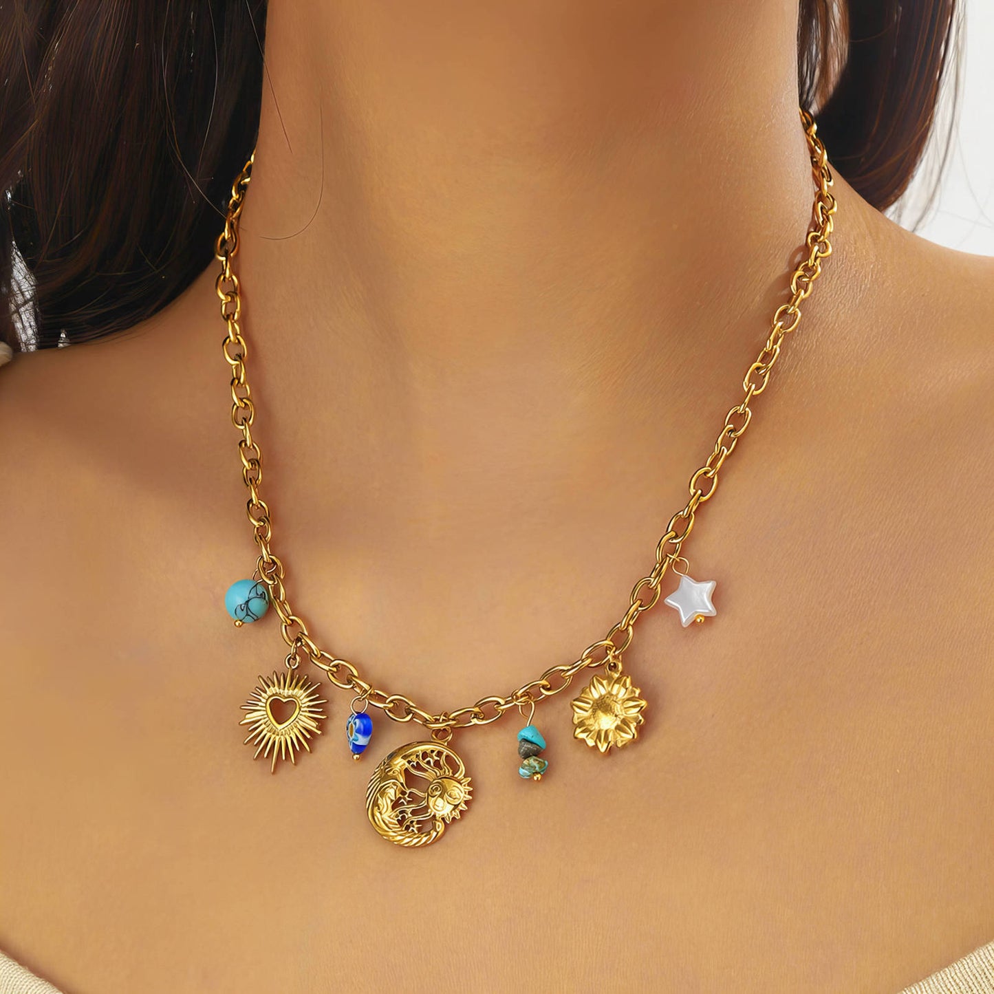 Crescent And Sun Necklace, 18K Gold Plated Steel