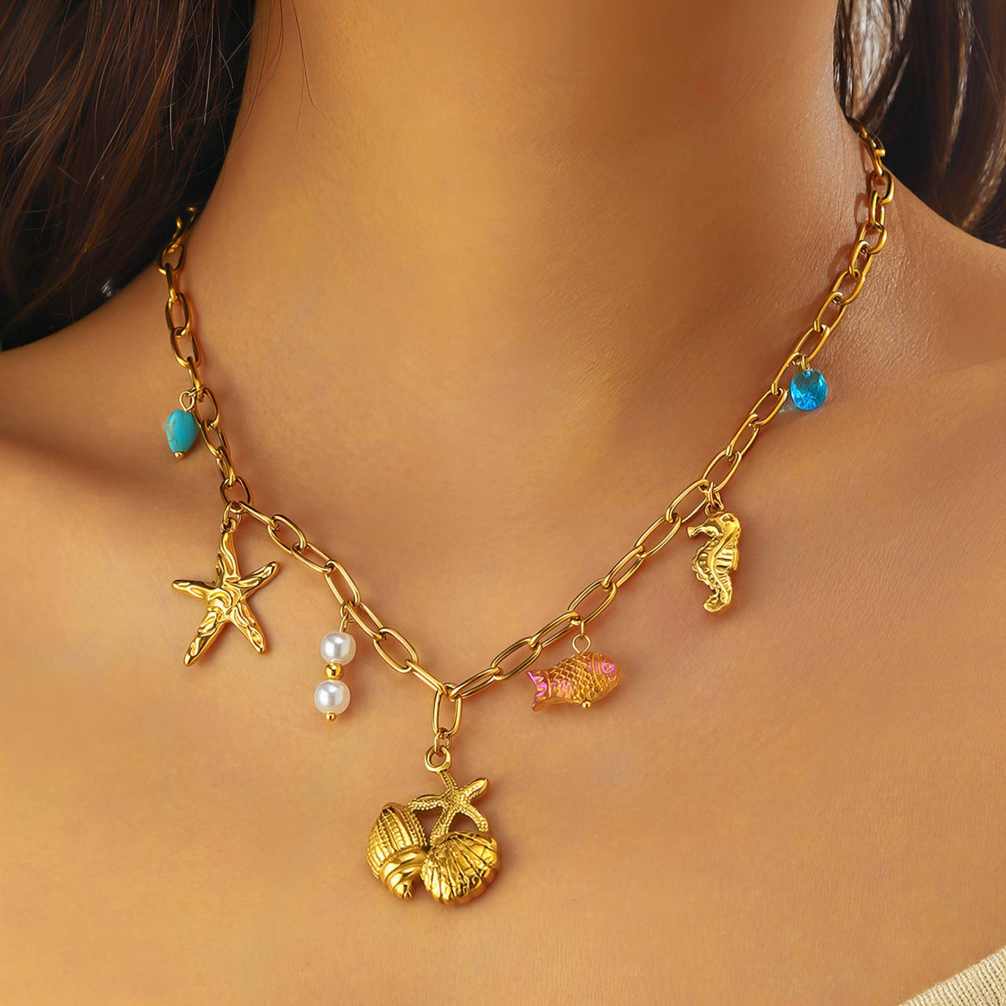 Starfish And Seashell Necklace, 18K Gold Plated Steel