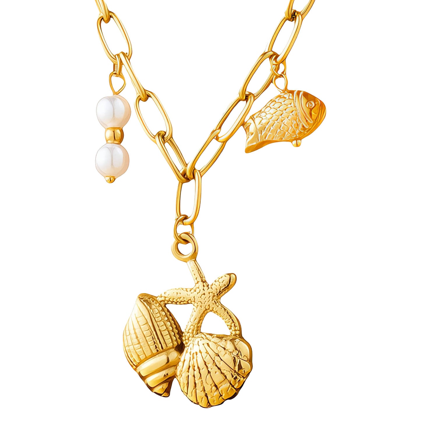Starfish And Seashell Necklace, 18K Gold Plated Steel