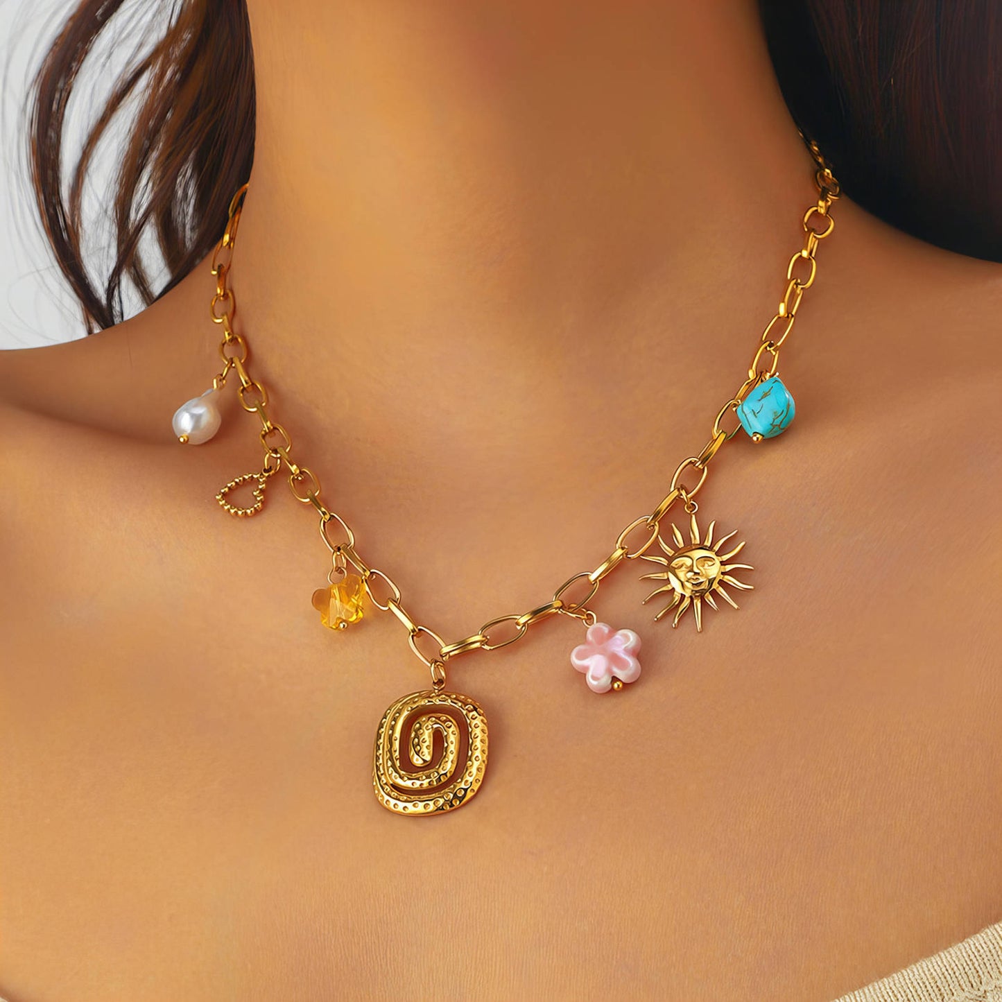 Flower Necklace, 18K Gold Plated Steel