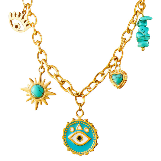 Evil Eyes Necklace, 18K Gold Plated Steel