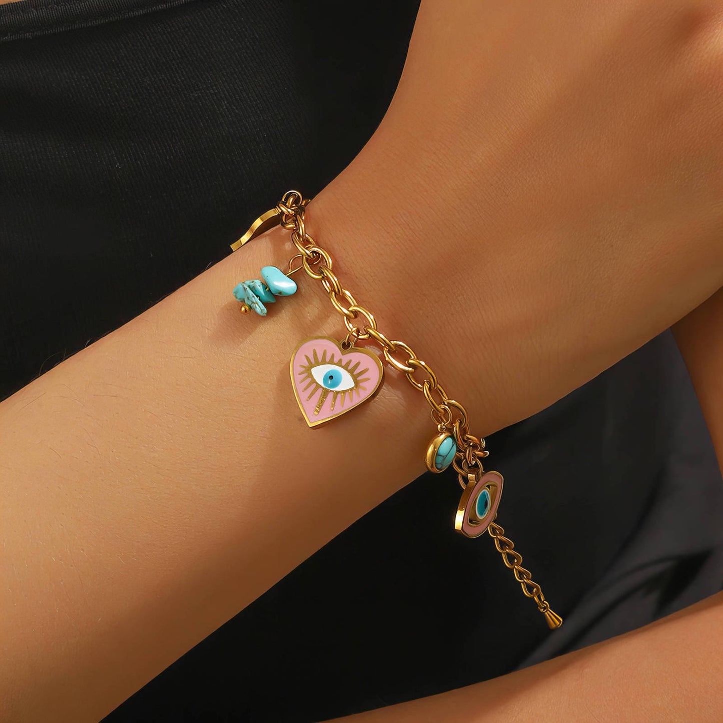 Evil Eyes Bracelet, 18K Gold Plated Steel