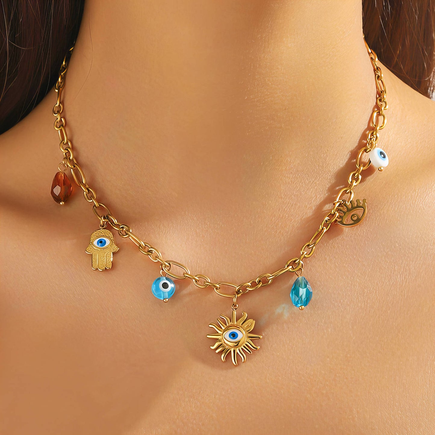 Evil Eyes Necklace, 18K Gold Plated Steel