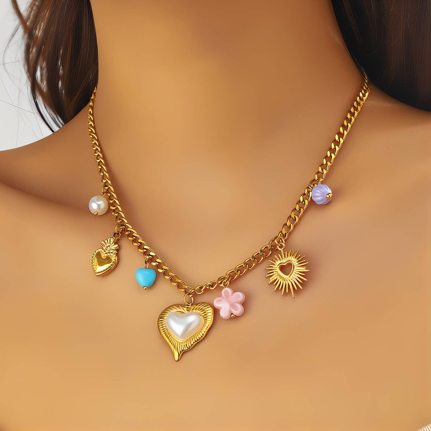 Hearts Necklace, 18K Gold Plated Steel