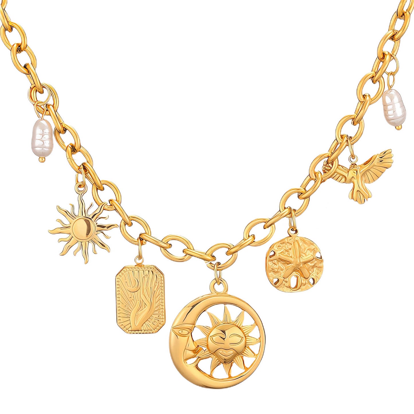 Crescent And Sun Necklace, 18K Gold Plated Steel