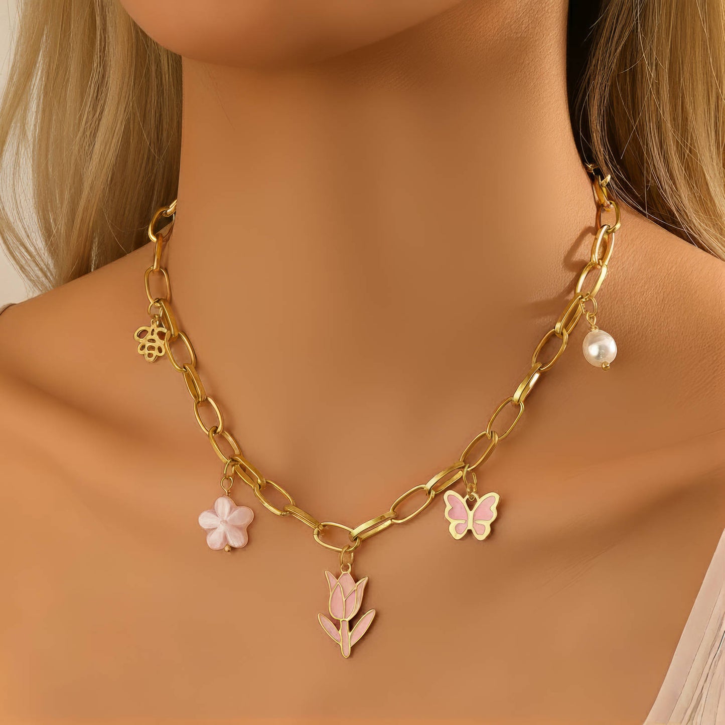 Flowers Necklace, 18K Gold Plated Steel