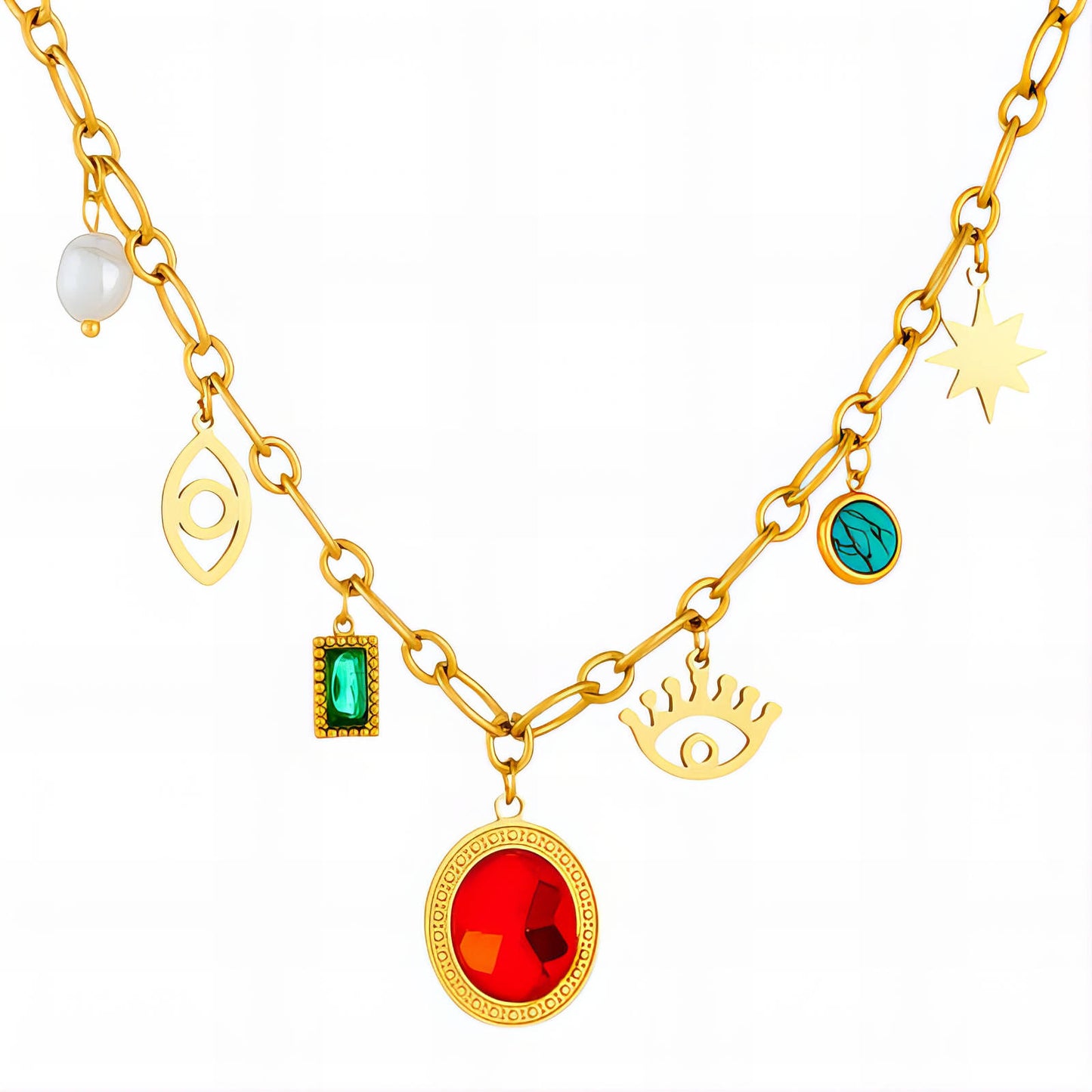 Evil Eyes Necklace, 18K Gold Plated Steel