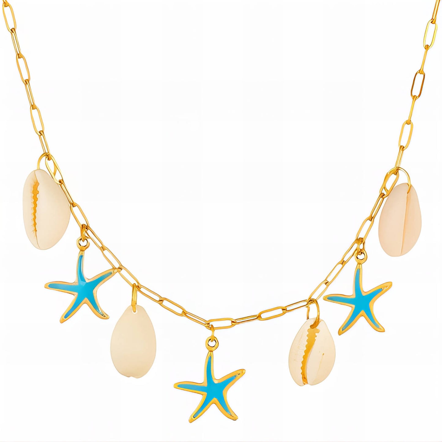 Starfish And Seashell Necklace, 18K Gold Plated Steel