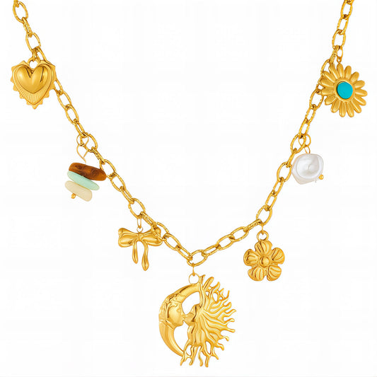 Sun And Moon Necklace, 18K Gold Plated Steel