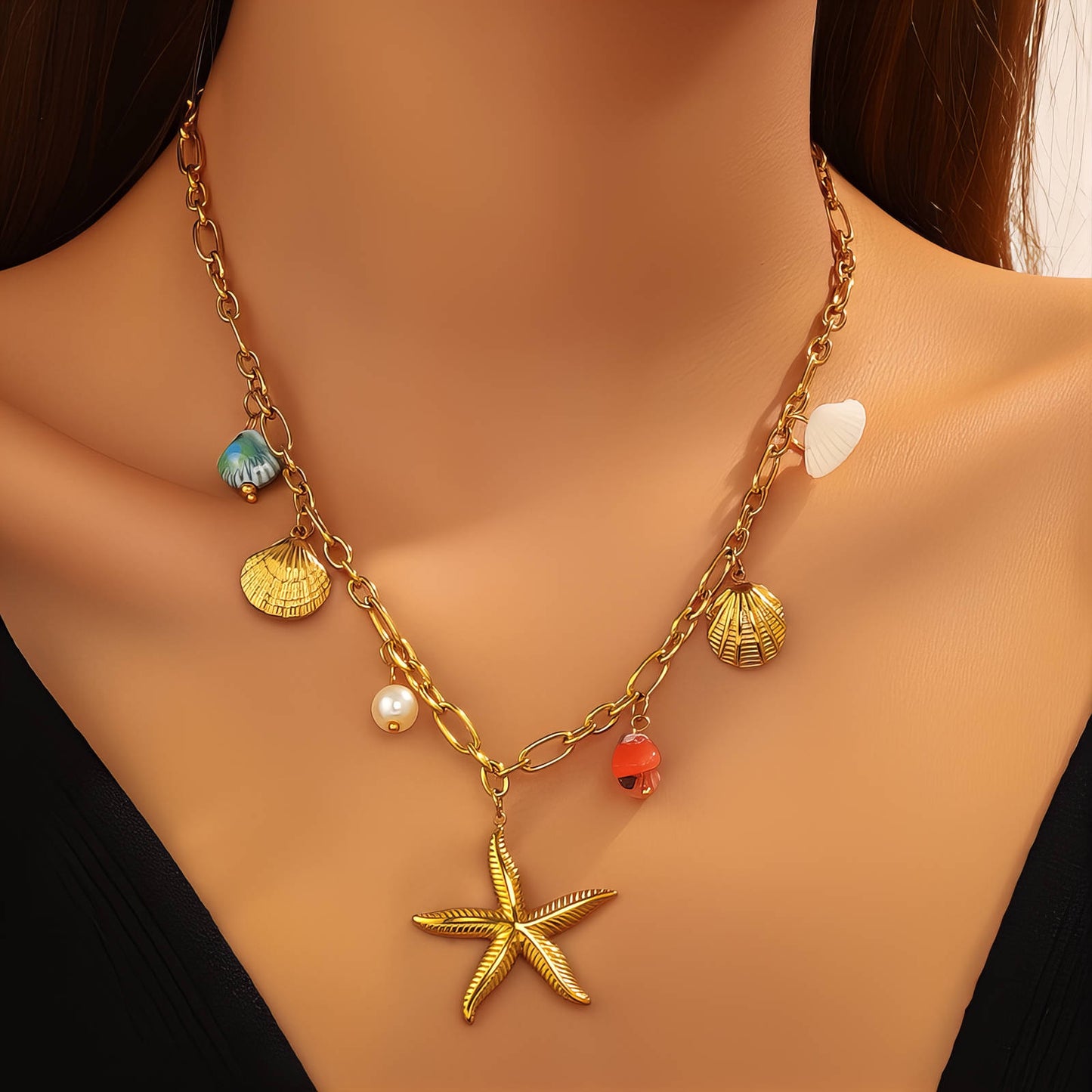 Starfish And Seashell Necklace, 18K Gold Plated Steel