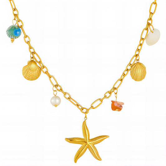 Starfish And Seashell Necklace, 18K Gold Plated Steel