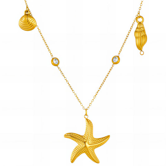 Starfish And Seashell Necklace, 18K Gold Plated Steel