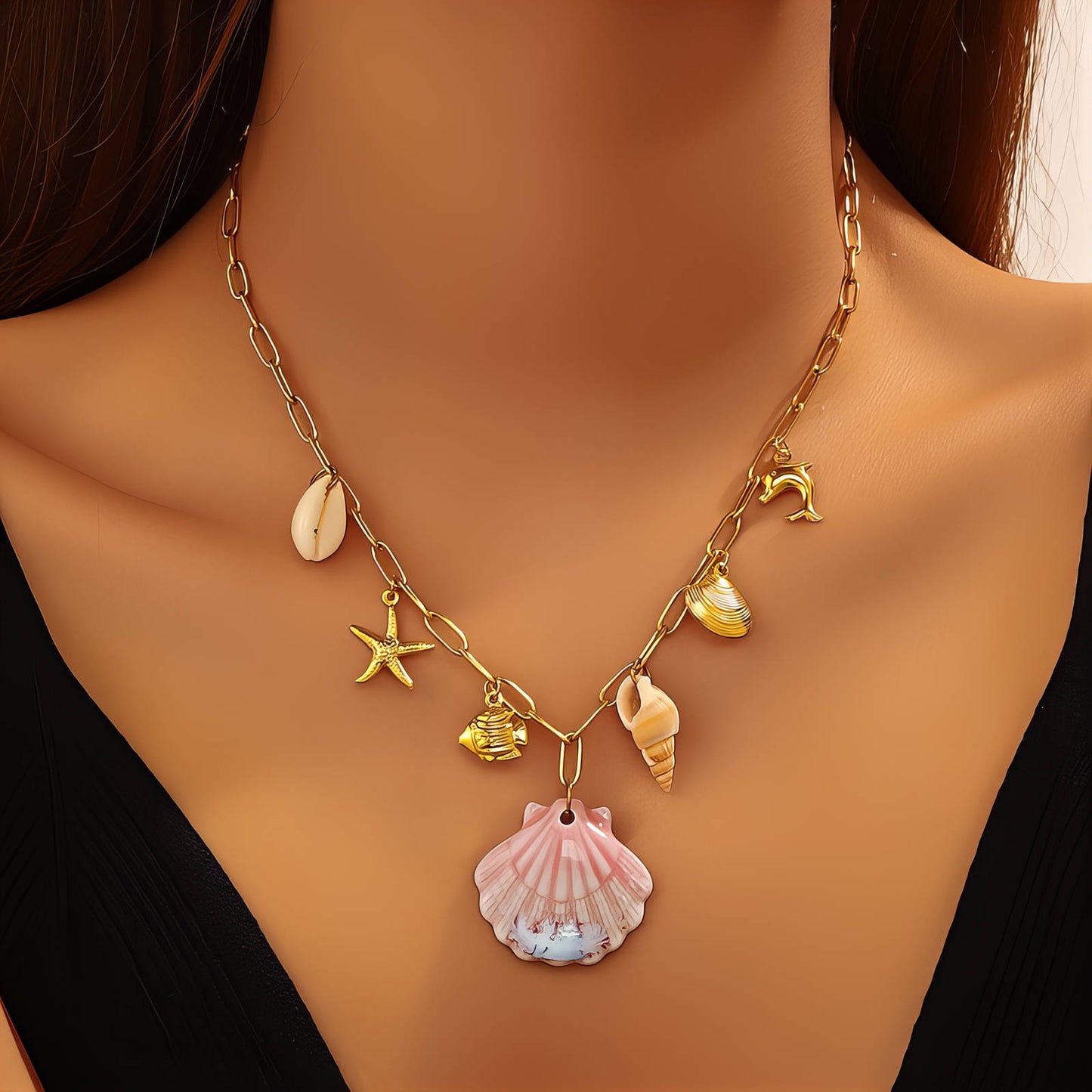 Seashells Necklace, 18K Gold Plated Steel
