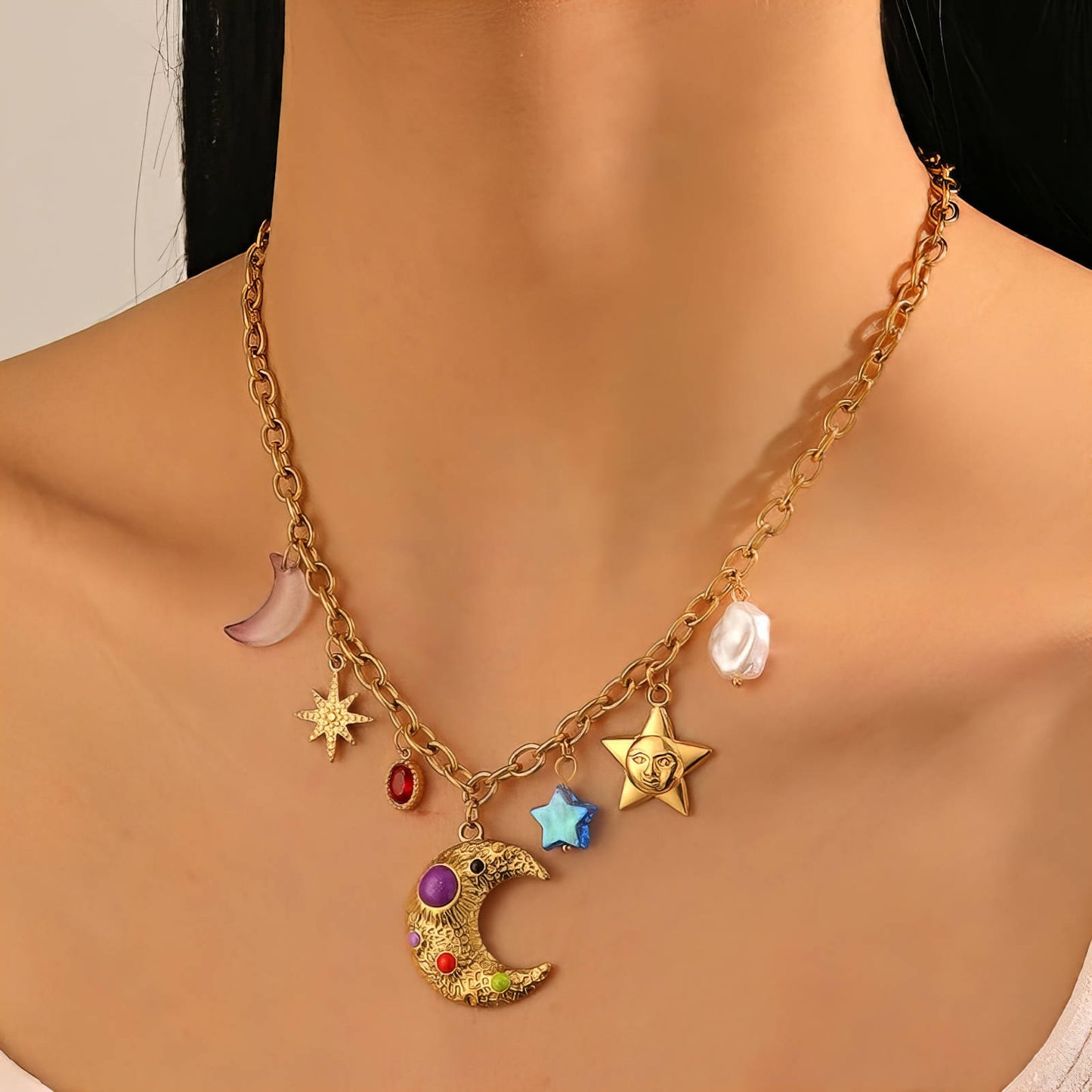 Crescent And Star Necklace, 18K Gold Plated Steel