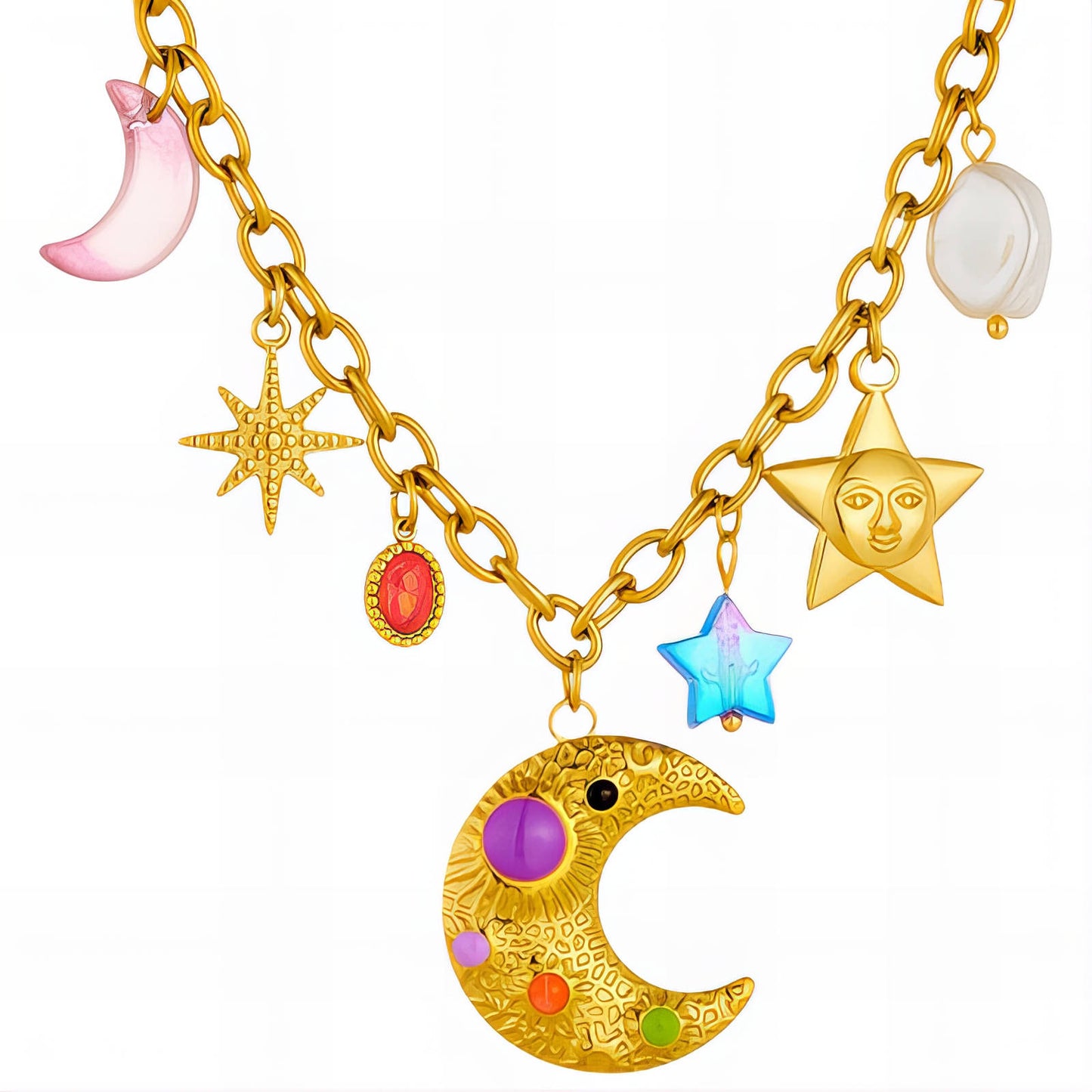 Crescent And Star Necklace, 18K Gold Plated Steel