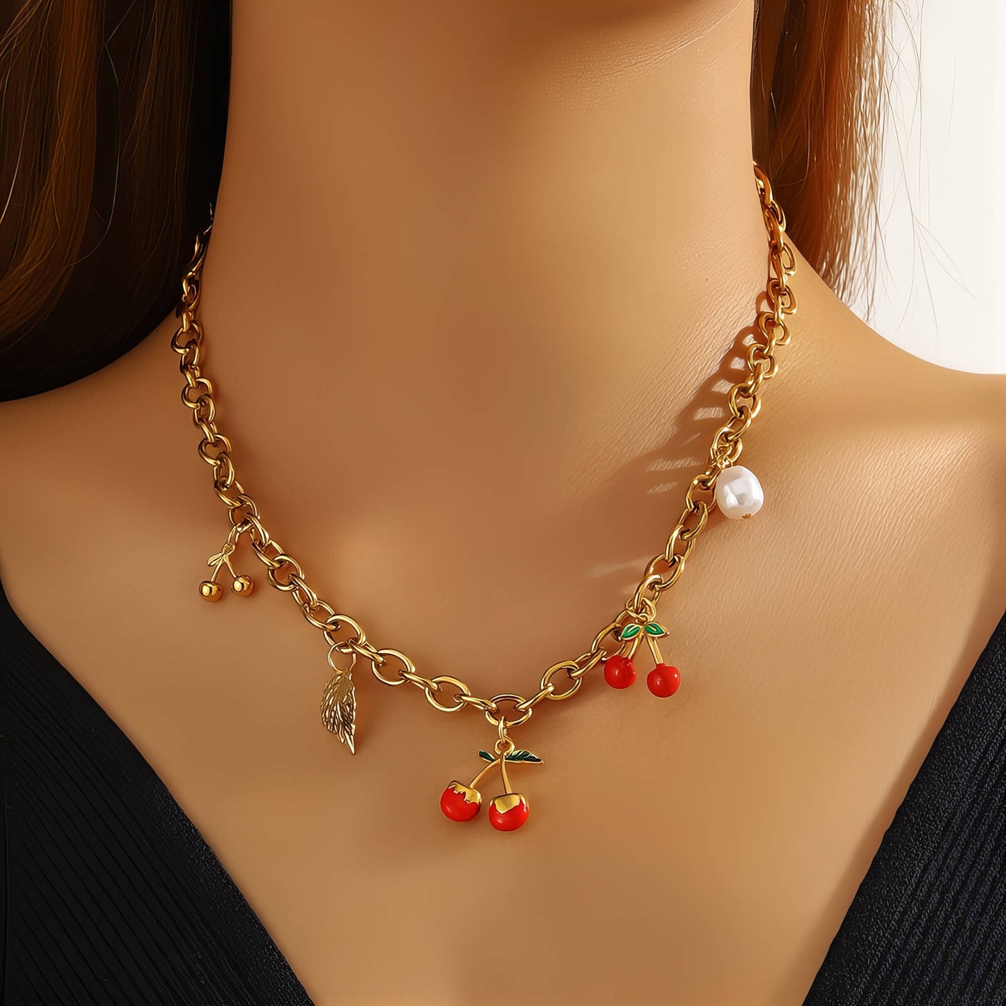 Cherry Necklace, 18K Gold Plated Steel