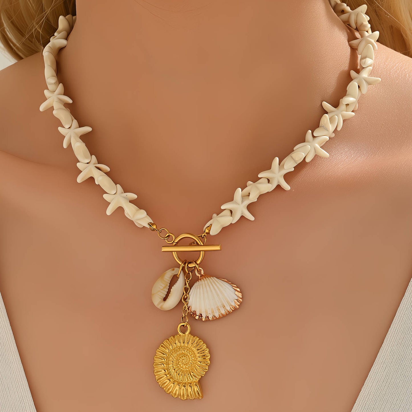 Seashells Necklace, 18K Gold Plated Steel