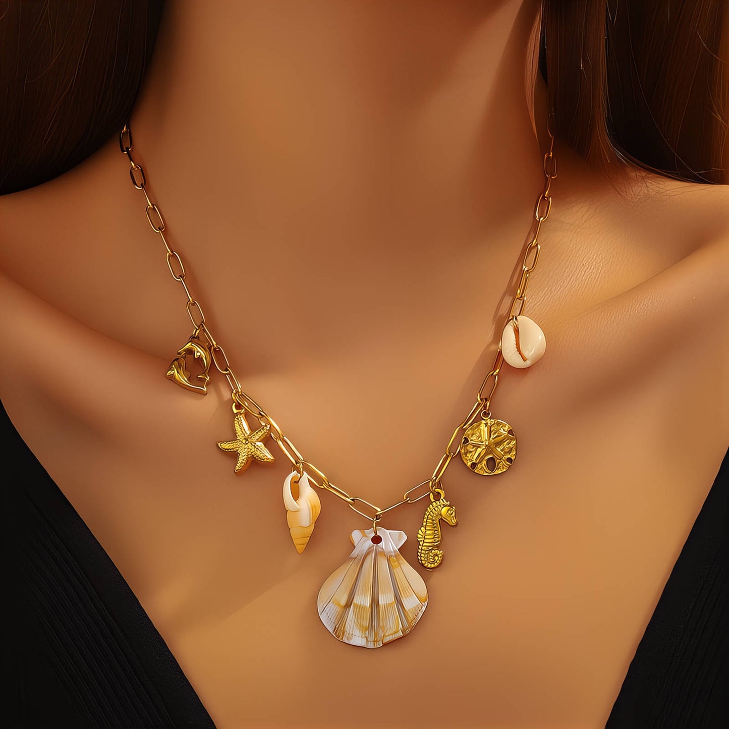 Seashells Necklace, 18K Gold Plated Steel