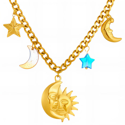 Crescent And Sun Necklace, 18K Gold Plated Steel