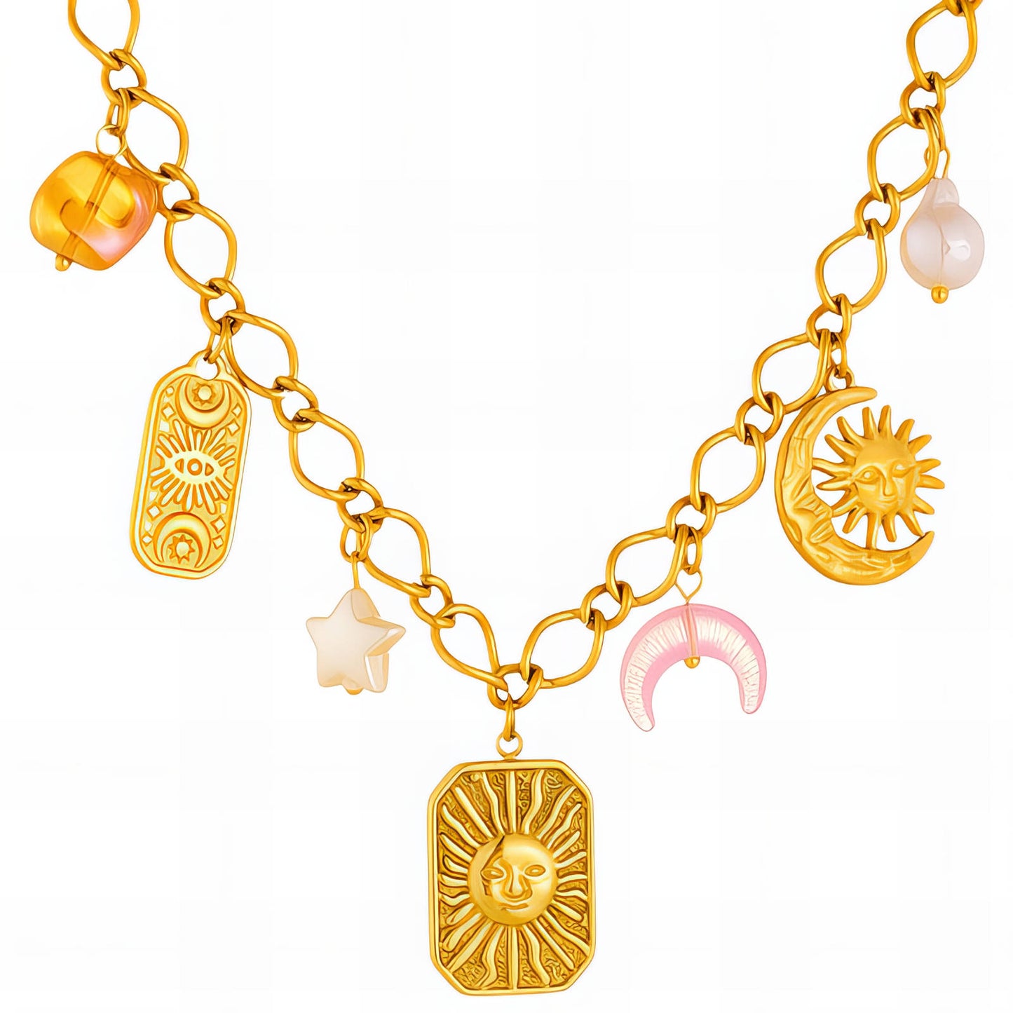 Crescent And Sun Necklace, 18K Gold Plated Steel