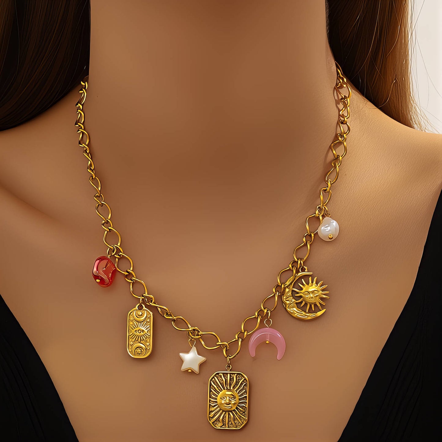 Crescent And Sun Necklace, 18K Gold Plated Steel