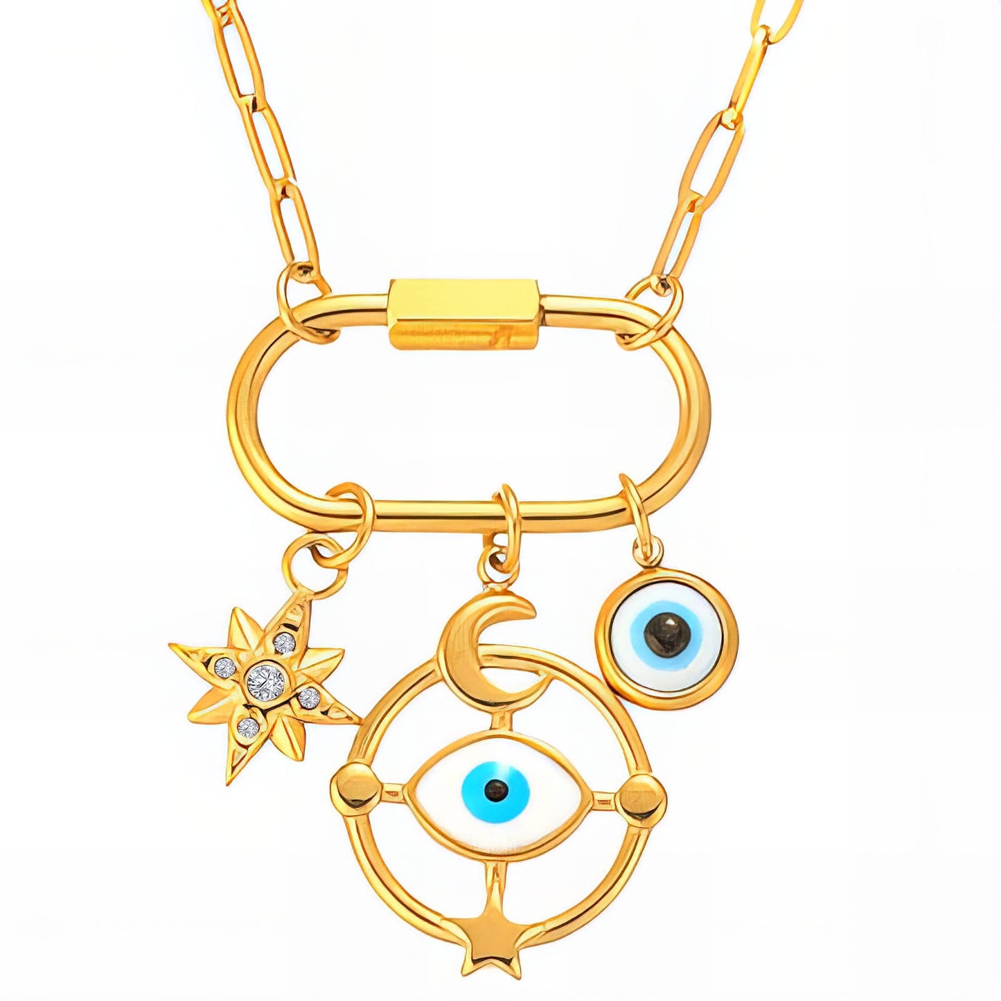 Evil Eyes Necklace, 18K Gold Plated Steel